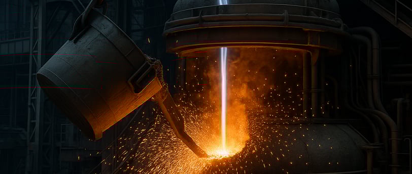 photo of an electric arc furnace melting scrap steel with vivid sparks flying, set in a dark industr