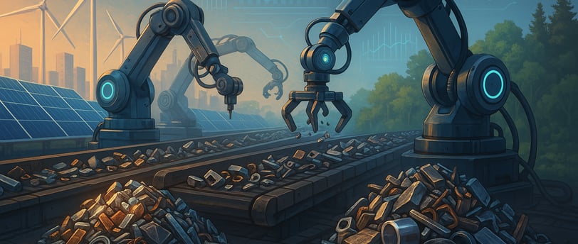 Robotic arms sort metal scraps under clean energy, with data holograms above and a city-to-forest ba