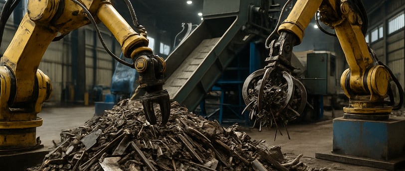 A high-resolution image showing robotic arms processing and sorting a pile of metal scrap using adva