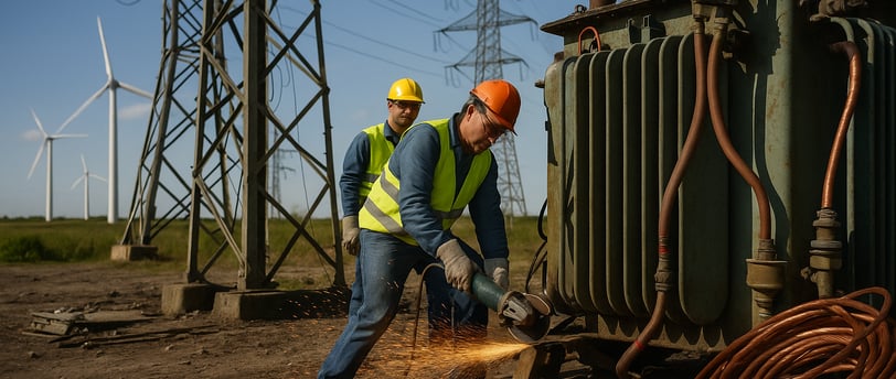 Workers dismantle an old substation for metal recycling, with wind turbines and coiled copper nearby