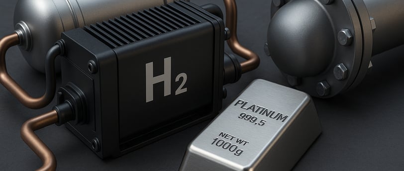 Hydrogen fuel cell with copper pipes, platinum ingot, and metal tanks.