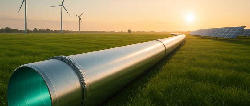 Hydrogen pipeline in green field at sunrise, with wind turbines and solar panels beyond.