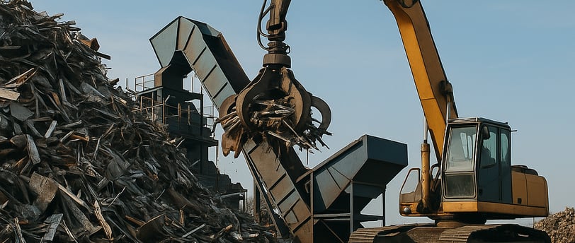 Excavator sorting scrap metal with data graphs overlaid.