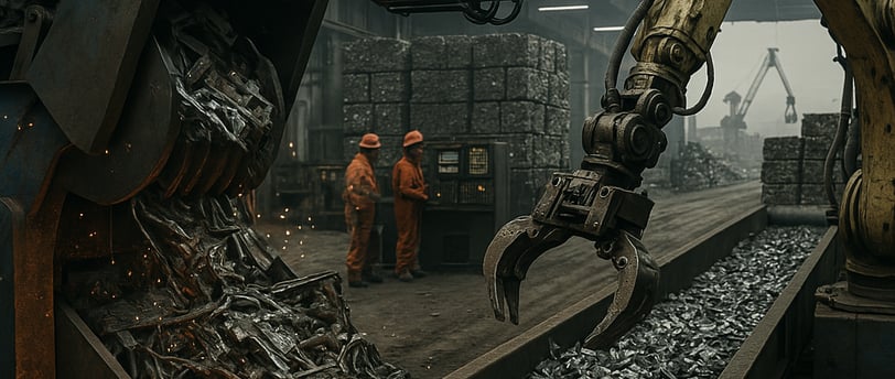 Ultra-realistic metal recycling plant with industrial shredder, robotic arm, control panel workers,
