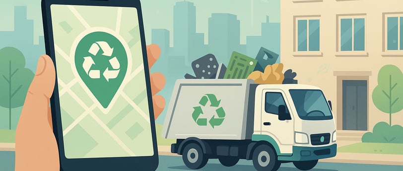 Smartphone showing recycling pickup app beside a collection truck in the city.