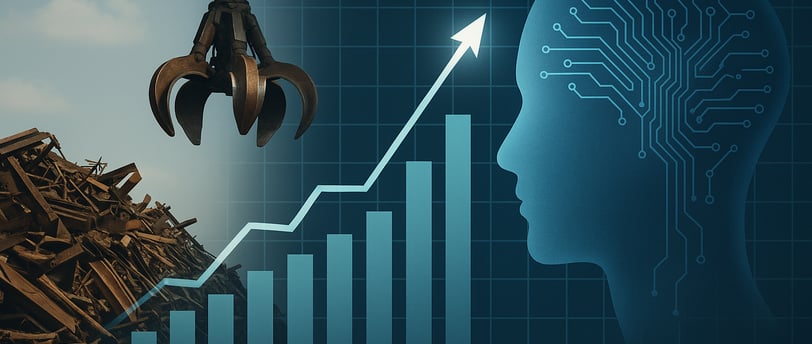 Scrapyard claw, rising data chart, and AI head symbolizing predictive analytics in scrap metal.