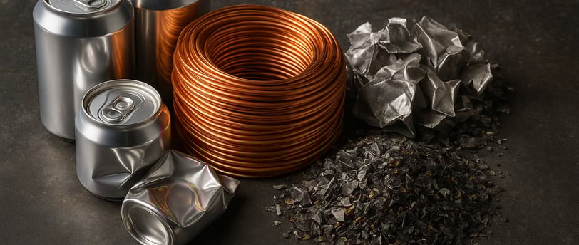 A high-resolution close-up image of various recycled metal materials arranged artistically on a dark