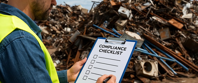 Worker with compliance checklist at scrap metal yard.