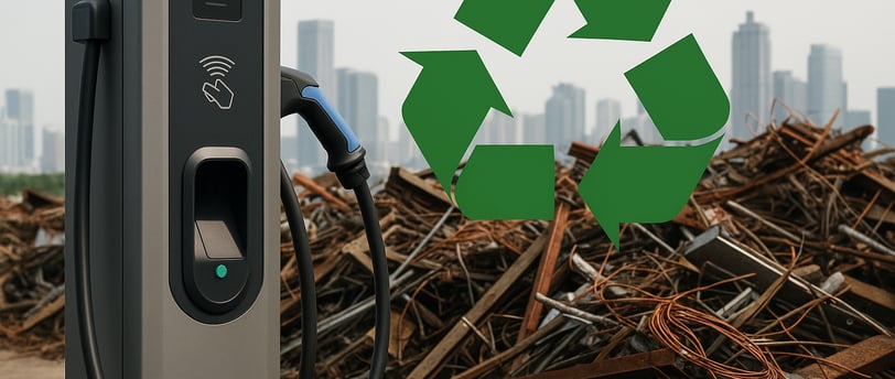 EV charging station beside scrap metal pile with city skyline in background.