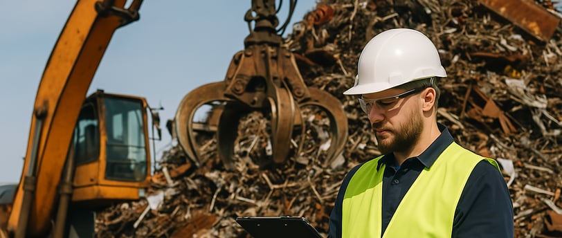 Worker in a safety vest and hard hat auditing a scrap metal yard, with a hydraulic handler lifting