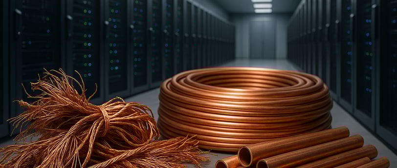 Scrap copper wires and tubes in front of modern data center server racks.