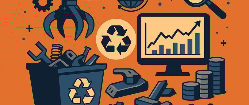 A conceptual digital illustration depicting a scrap metal recycling facility with a large claw cran