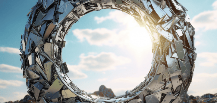 A large circular sculpture made from scrap metal recycling materials, including metal sheets and ele