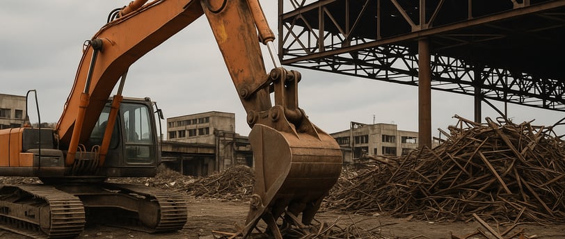 Excavator claw extracting scrap metal at a demolished industrial site with decaying buildings