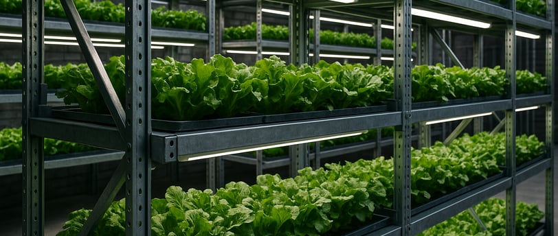 Hydroponic lettuce growing on recycled metal shelves under LED lights.
