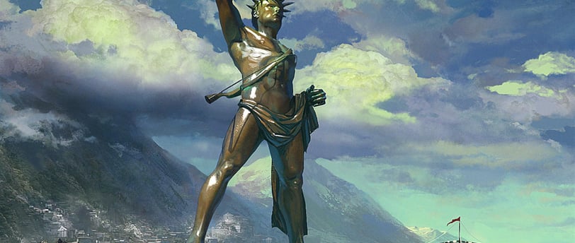 ma estátua do titã-deus do Sol da mitologia grega, Hélios, erguida na cidade de Rodes