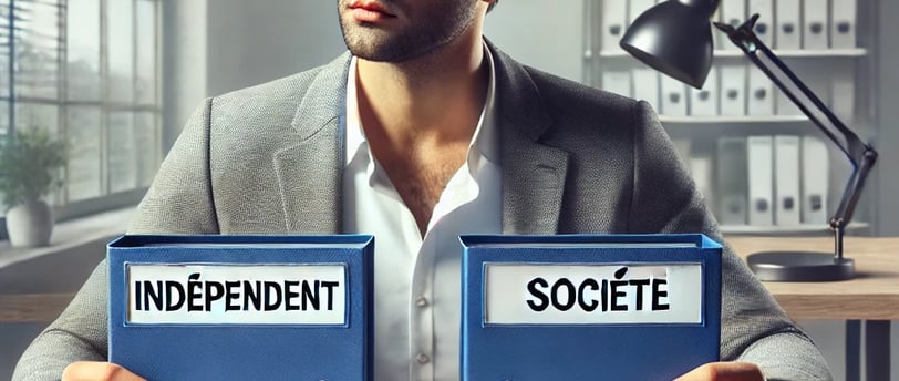 Un entrepreneur assis avec deux dossiers devant lui : indépendant ou société