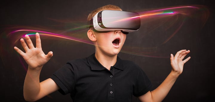 Child wearing vitual reality headset