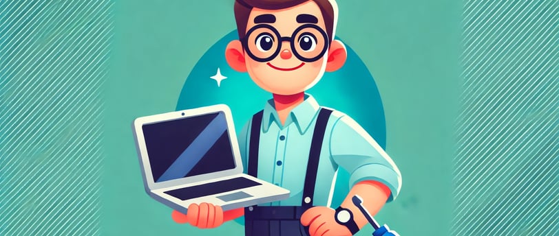 a man in glasses and suspenders holding a laptop