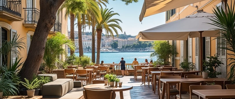 a restaurant with tables and chairs and umbrellas in Nice