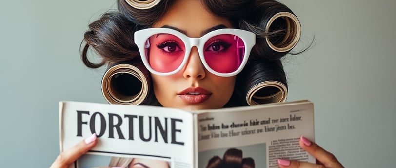 a woman with curl curlers on her face and a magazine in her hands