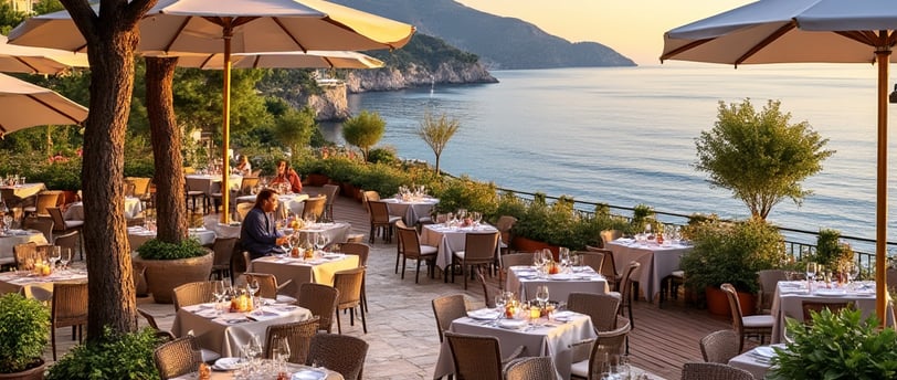 a restaurant with tables and umbrellas on a sunny day in Nice