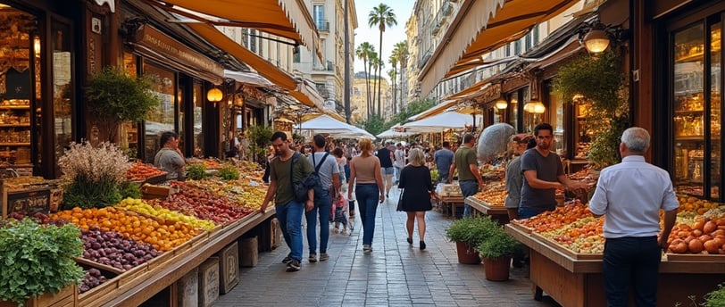 a group of people walking down a street in Cannes