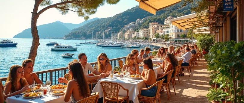 a group of people sitting at a table with food in the French Riviera