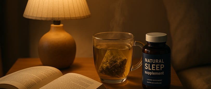 Cozy nighttime scene, tea, sleep supplement