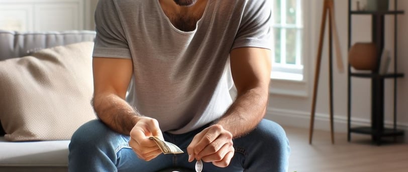 um homem aparece juntando dinheiro em um porquinho