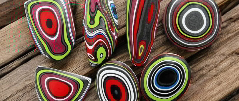 a bright selection of jeep fordite cabochons in various shapes with bright lime and pink colours