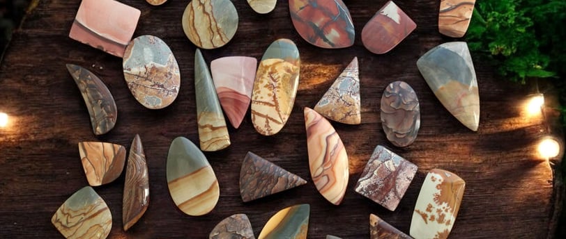 a selection of rare American scenic jasper cabochons that were hand cut by designer cabochons