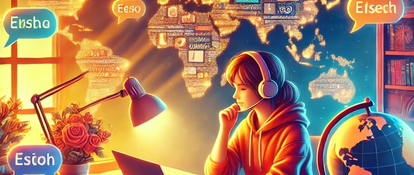Uma ilustração vibrante de uma pessoa estudando idiomas antes de uma viagem internacional. O cenário