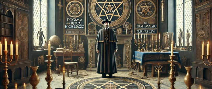 "Eliphas Levi em trajes de ocultista do século XIX, em pé diante de um altar de magia cerimonial, ce