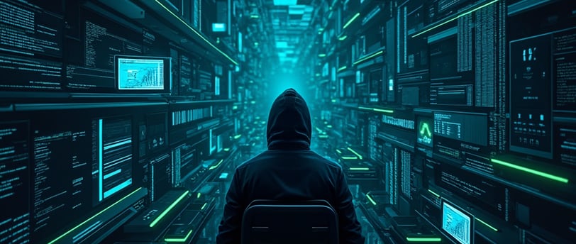 a person in a hoodie sitting in a room with a laptop