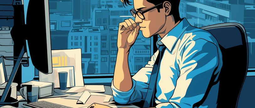 a man sitting at a desk with a computer and a laptop : Financial Translation Services