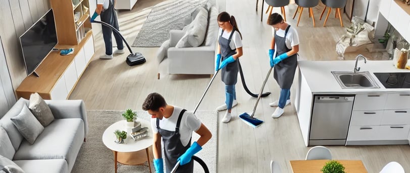 A professional cleaning team performing a detailed short-term rental cleaning service in a modern, well-furnished vacation pr
