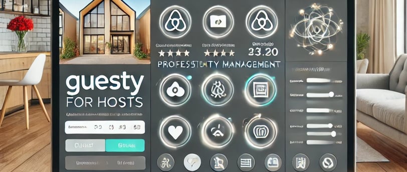 A laptop displaying the Guesty for Hosts property management dashboard with tools for booking management, guest communication