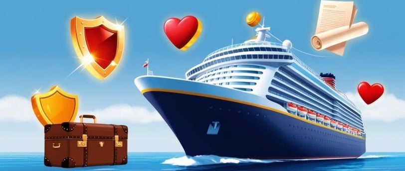 Navio de cruzeiro navegando em mar azul com logos de apólices de seguro flutuando ao redor.