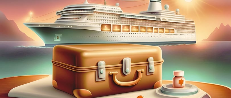 Navio ao fundo com representação visual de orientações médicas relacionadas à saúde em cruzeiros.