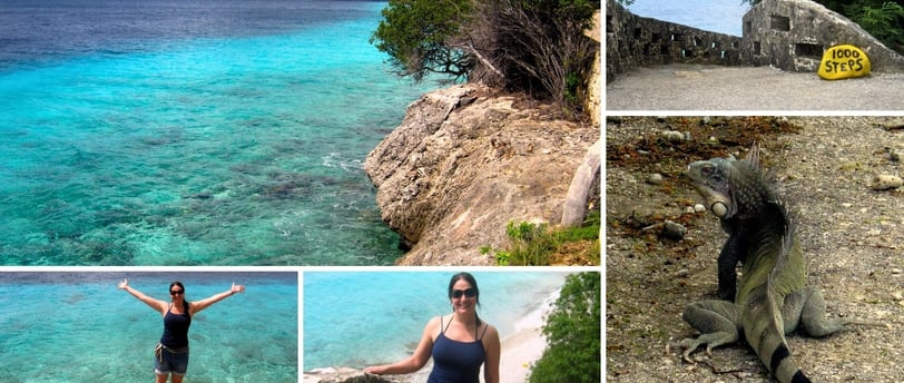 Fotos da autora na praia de 1000 steps em Bonaire.
