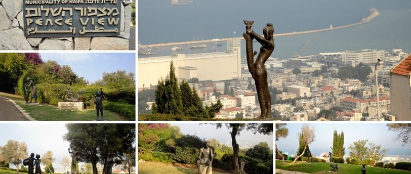 Fotos do mirante peace view e estatuas no topo do monte em Haifa.