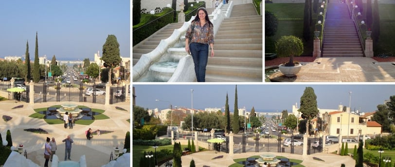 Fotos da autora nos jardins de Bahai em Haifa.