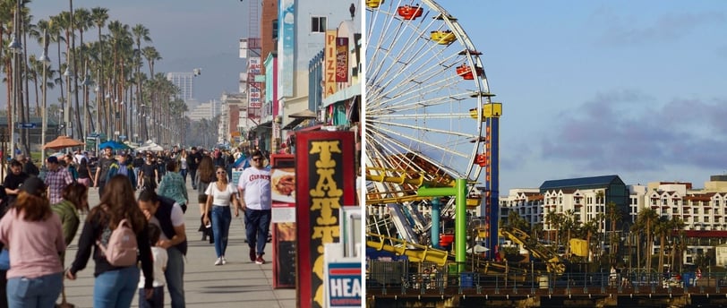 Foto de Venice Beach em comparação ao píer Santa Monica em Los Angeles.