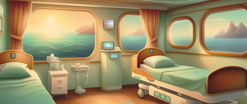 Mini hospital a bordo de navio de cruzeiro, com vista para o mar e ambiente acolhedor e funcional.