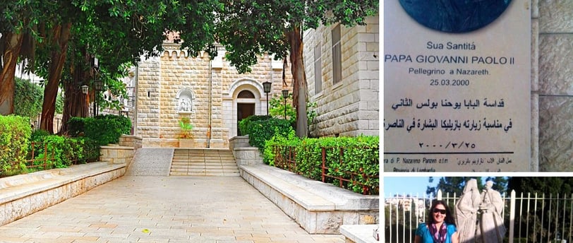 Autora no jardim da Basílica da Anunciação, em frente à estátua do Papa Paulo VI
