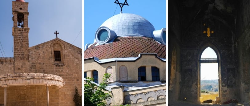 Três igrejas em Nazaré: Igreja Grega Ortodoxa, Sinagoga histórica e Nossa Senhora do Susto.