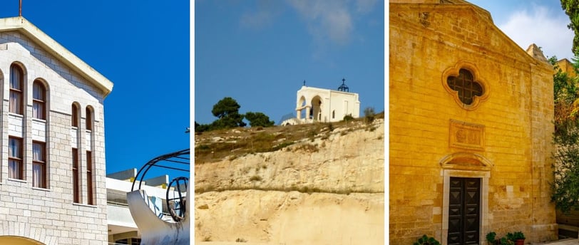 Três igrejas em Nazaré: Christ Church Anglicana, Basílica de São José, e Mensa Christi dos Salesiano
