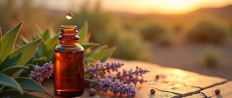 Amber bottle of chia seed oil with golden droplet, purple chia blossoms with dewy leaves on sun bleached wood at dawn