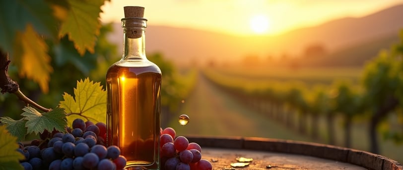 clear bottle of grapeseed oil with golden droplet, nestled among purple grapes on weathered oak at sunset